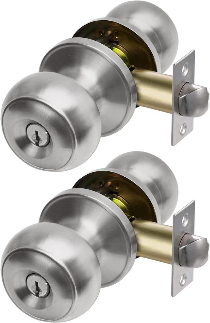 CML Hardware (2 Pack) Entry Door Knob, Keyed Different Door Lock Sets in Solid Stainless Steel for Entrance, Exterior and Interior, Round Ball Handle