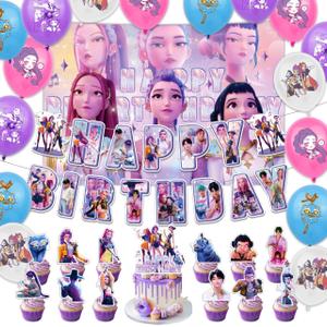 31 pcs Korean Idol Happy Birthday Party Decorations,Party Supplies Set Include one Backdrop,16 pcs Balloons,one Hanging Swirls,13 pcs Cake Cupcake Toppers for Boys Girls Kpop Theme Party