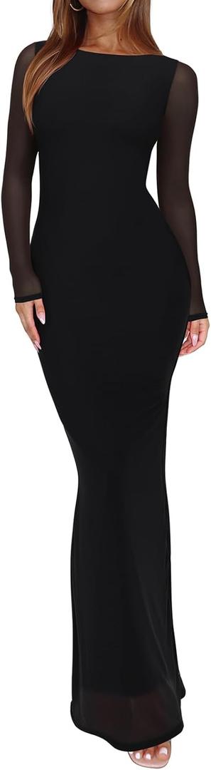 REORIA Women's Spring Mesh Sheer Long Sleeve Wedding Guest Dress Sexy Floral Bodycon Maxi Long Dresses (Black Onyx, XL)