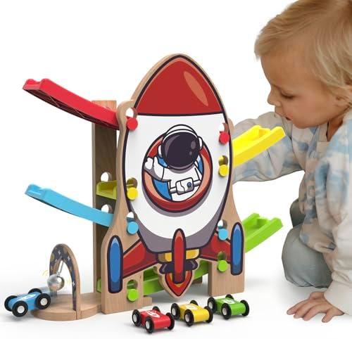 Letoiz Wooden Race Track Car Ramp Racer Toy for Toddlers, Rocket Car Ramp Toy Vehicle Playsets with 4 Mini Cars - Fine Motor Skills Toddler Toys for 2 3 Year Old Boy and Girl Birthday Gifts