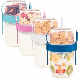 4 Pack On The Go 22 oz Breakfast Cups with Lids and Spoon, Reusable Cereal Yogurt Cup with Topping Plastic Overnight Oats Container for Granola Oatmeal (22 oz - 4 Pack)