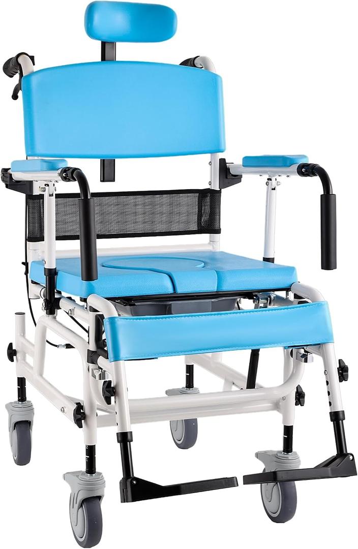 Reclining Shower Wheelchair with Commode Bucket