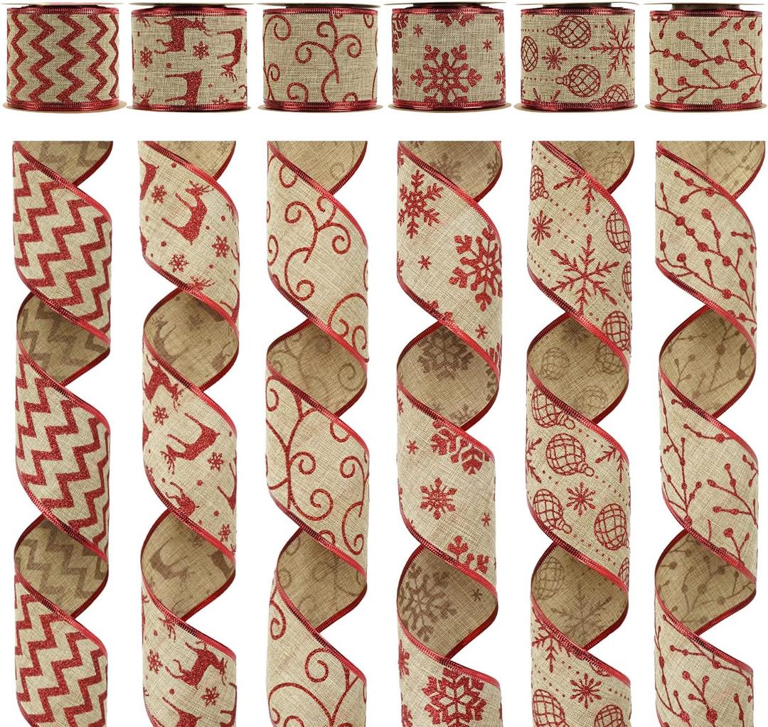 MEEDEE Christmas Ribbon Set - Wired Burlap 2.5 Inch 6 Rolls 36 Yards Red Glitter for Tree Garland, Wreaths, Tree Topper, Bow Making