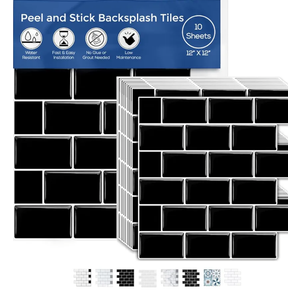 Peel and Stick Backsplash Tile for Kitchen Wall, 12” x 12” Stick On Backsplash 10-Sheet Pack Stick On Tiles for Kitchen or Bathroom with 3D Glass Tile Looks