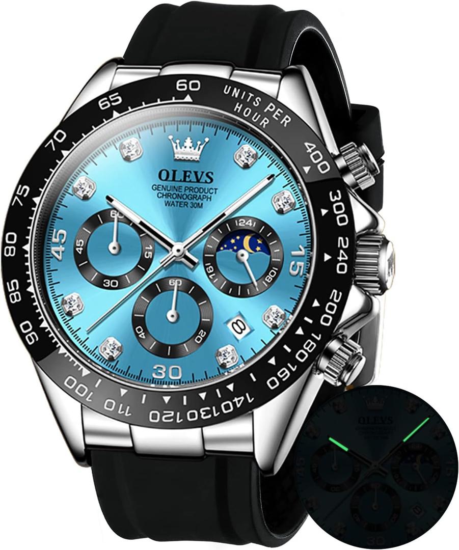 OLEVS Men's Watches Chronograph Multifunction Sport Silicone Luxury Diamond Moon Phase Quartz Male Watch Waterproof Wrist Watch (Blue)
