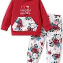2PC Girls Clothes Girl letter and Floral print Hooded Set, letter print Top +Floral print Pants Set (Red, S)