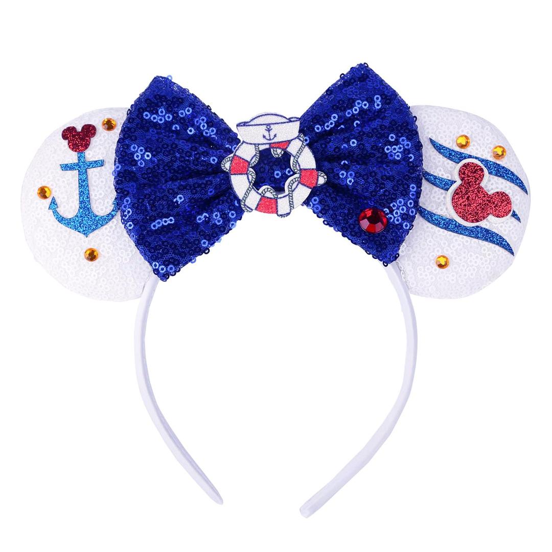 RAZKO Sparkle Cruise Mouse Ears Headband, Glitter Mice Ears Headband with Bow,Cruise Essentials Princess Decoration Cosplay Costume for Girls Women (Cruise&Boat)