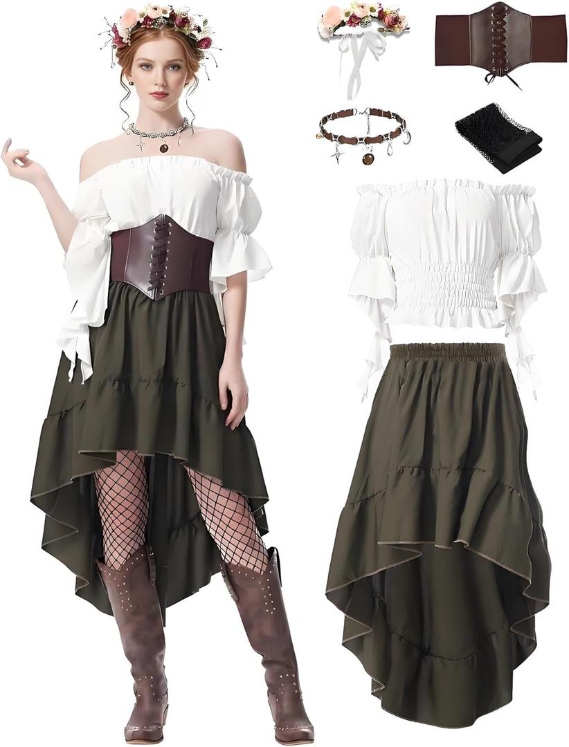 Renaissance Dress Women Medieval Costume Ren Faire Outfit with Flower Crown Necklace Corset Belt for Halloween Cosplay, Medium