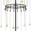 iDavosic.ly 2 Tier Rotating Necklace Holder Organizer with Wooden Jewelry Tray, Adjustable Metal Bracelet Display Stand with 42 Hooks, Extra Tall Keychain Spinning Tree Tower for Women, Black