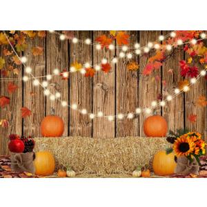 SJOLOON Fall Pumpkin Backdrop Wood Floor with Fall Leaves Background Thanksgiving Day Photo Backdrop for Baby Shower Party Decoration Studio Props 12344 (8x6FT)