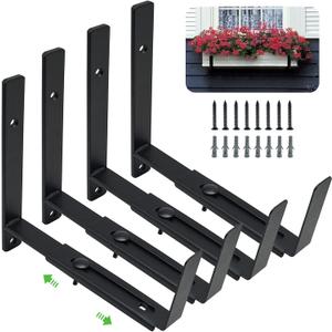 Adjustable Window Box Bracket 4 Pack, Heavy Duty Planter Box Bracket Flower Box Holder Wall Mount Suitable for Planter Boxes 6 inches to 12 inches Deep (Set of 4)