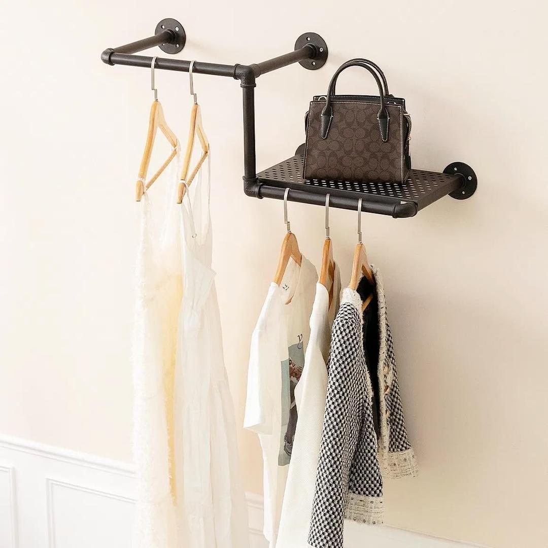 Industrial Pipe Clothing Rack with Floating Shelves, 2 Hanging Rods Wall Mounted Garment Rack, Heavy Duty Iron Clothes Bar, Space-Saving Clothing Hanging Rails for Closet (2 hanging rods 1 shelf)