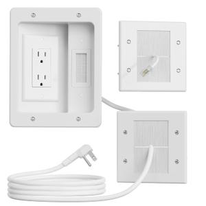 in-Wall TV Cable Managemnet Concealer Kit with Recessed Outlet Box, 2 Brush Wall Plate & 9ft Extension Cord, Safe Organized TV Cord Hider for TV, HDMI, AV and Home Theater Setups, Offices