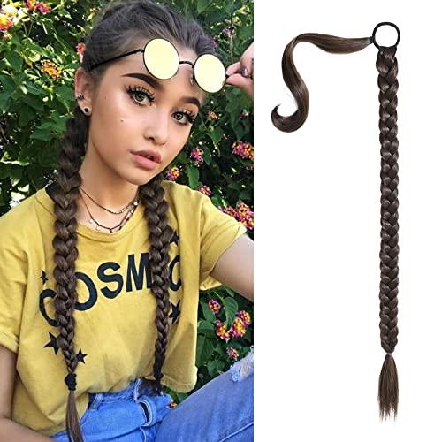 SEIKEA Upgraded Long Braid Ponytail Extension with Elastic Tie Straight Sleek Wrap Around Braid Hair Extensions Ponytail Dark Chocolate Brown 26 Inch (After Braided 23 Inch)