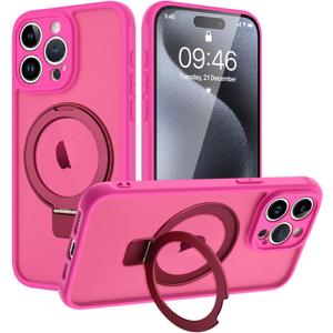 KANGHAR Designed for iPhone 15 Pro Max Case with Ring Stand Translucent Matte Slim Shockproof Women Girls Hot Pink Kickstand Phone Cover for iPhone 15 Pro Max