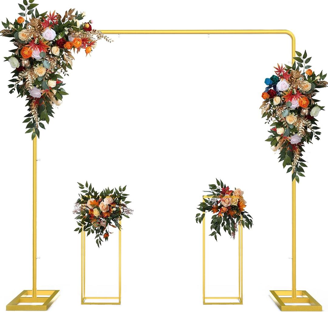 Wedding Arch Backdrop Stand, 7.2FT x 7.2FT Wedding Arches for Ceremony, Gold Balloon Arch Stand with Flower Stand for Wedding, Birthday, Baby Shower, Anniversaryand and Any Celebration