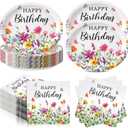 Potchen 50 Pcs Happy Birthday Wildflower Party Supplies Include 25 Oval Wildflower Paper Plates and 25 Colorful Floral Paper Napkins Birthday Tableware Decorative for Spring Summer Home Table Supplies