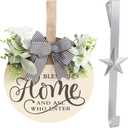 Rustic Round Wood Wreath for Front Door with Home Sign & Metal Hook, All Seasons Outdoor Wreath for Porch Wall Decor, Spring Summer Fall Holiday Decorations, Halloween Christmas Housewarming Gifts