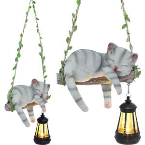 Solar Lighted Garden Outdoor Statue, 22.6" H Hanging Swing Lying with A Sleeping Cat and A LED Lantern, Resin Animal Figurine Hanging Ornaments with Hook for Decoration & Gift