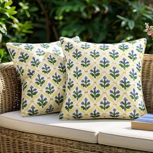 MIULEE Floral Decorative Pillow Covers Set of 2,Block Print Throw Pillowcases Outdoor Boho Farmhouse Vintage Summer Accent Cushion Covers for Couch paito Garden Sofa Bed 18x18 Inch, Yellow-Blue