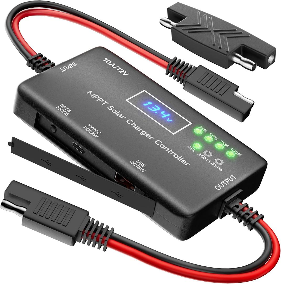Sunapex MPPT Solar Charge Controller: 12V 10A Charge Controllers for Solar Panels with LCD Display LED Indicate Type-C USB Output - Smart Regulator for RV Boat Car Battery - Supports AGM Gel LiFePO4