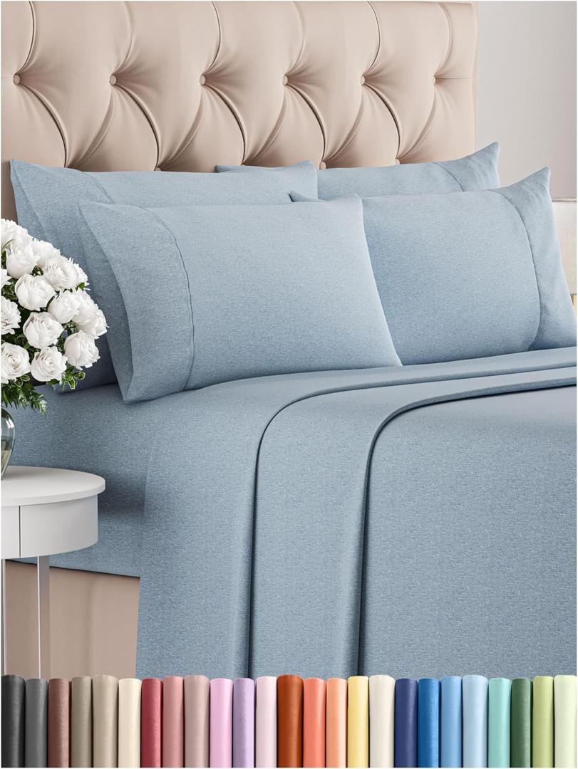 King 6 Piece Sheet Set - Comfy, Breathable & Cooling - Soft Hotel Luxury Bedding for Women, Men, Kids, Teens and Children - 1 Flat & 1 Fitted Sheet & 4 Pillowcases with Deep Pockets - Heathered Blue