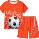 Ayzozuy Tween Boys' 2-Piece Soccer Graphic Outfit Set Summer Casual Crewneck T-Shirt & Shorts Sizes 8-14 (Orange)