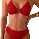 Fanuerg Women's Ribbed Triangle Bikini Sets O Ring Linked Two Piece Swimsuit Textured Cheeky Swim Bathing Suit, Red, S