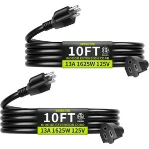10 FT (2Pack) 13A 1625W 16/3 Black Extension Cord, Indoor Extension Cord for Laptops, Coffee Makers, Office Home Appliances, 3 Prong Resistant Cable Flexible, 125V ETL Listed