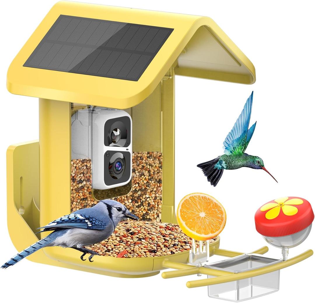 Bird Feeder with Camera Solar Powered : Smart Camera Bird Feeder 2K Live Feed Cam for Outdoor Backyard - Ai Identify Auto Capture Videos Pictures, Gifts for Birdlover Mom Dad, 2.4GHz WiFi (Yellow)