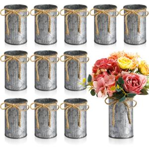 Rustic Vase for Table Centerpieces 4.33 Inch Small Petite Flower Vase with Twine Bow Vintage Farmhouse Decor for Wedding Reception Dining, Home Galvanized Metal Buckets(Iron Color,12 Pcs)