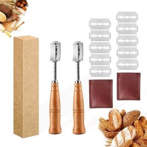 Pack of 2, AMZQWERT Professional Bread Lame Dough Scoring Tool,Bread Scorer,Sourdough Scoring Knife for Bread Baking with Ergonomic Wood Handle,10 Blades, Leather Protector Cover