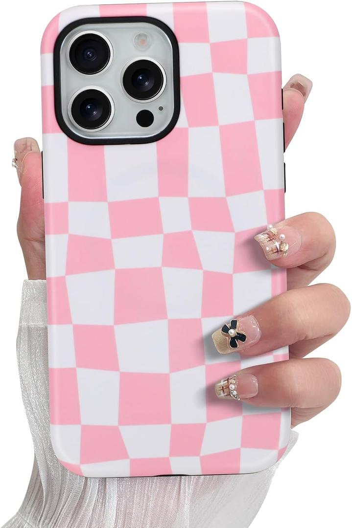 SOKAD Magnetic Checkered Phone Case for iPhone 15 Pro Max, Cute Grids Plaid Checkerboard Pattern Compatible with Magsafe Matte Protective Case Cover with Screen Protector for Girls Women, Pink
