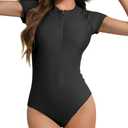Century Star Modest High Neck Swimsuits for Women - Rash Guard Surf One Piece Teen Girls Short Sleeve Bathing Suit Swimwear Black M