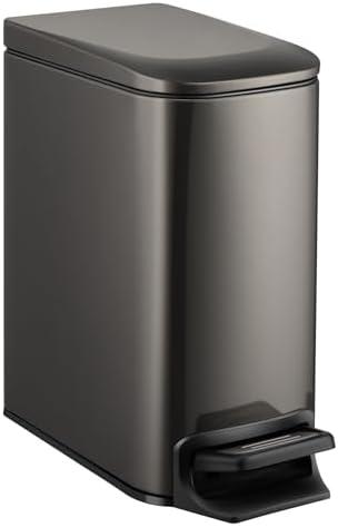TIPGO Slim Bathroom Trash Can with Lid Soft Close, 6 Liter / 1.6 Gallon Stainless Steel Garbage Can with Removable Inner Bucket, Step Pedal, Small Trash Cans for Bedroom, Office, Kitchen (Black Gold)