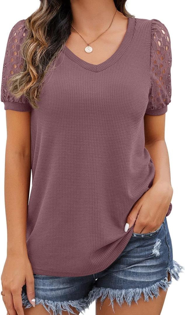 IWOLLENCE Waffle Knit Lace Short Sleeve Blouses V Neck T Shirts Summer Casual Tops for Women (Small, 02 Rust Red)