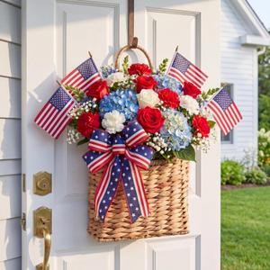 Patriotic Woven Hanging Basket Decor 4th of July Front Door Basket with American Stick Flag Star Stripe Ribbon Hanging Flower Arrangement for Independence Day Farmhouse Garden(Flower Not Included)