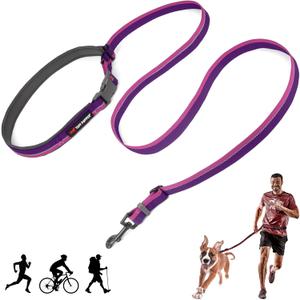 Tuff Pupper Hands Free Adjustable Length Dog Leash | Lightweight for Running Jogging Walking | Padded Waist Belt (24-50 inch) | Adjusts 3 to 6 Feet Length | Strong Ballistic Nylon w/Reflective Strips (Punch Purple)