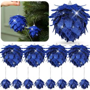 Syhood 12 Pcs Christmas Ball Ornaments Glitter Pinecone Balls Xmas Tree Decoration Hanging Pinecone Ornaments Rustic Pine Cones for Xmas Winter Party Holiday Wedding Home Decorations(Royal Blue)