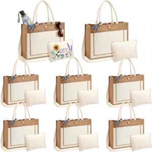 Sadnyy 16 Pcs Burlap Tote Bags Bulk with Crossbody Strap, Large