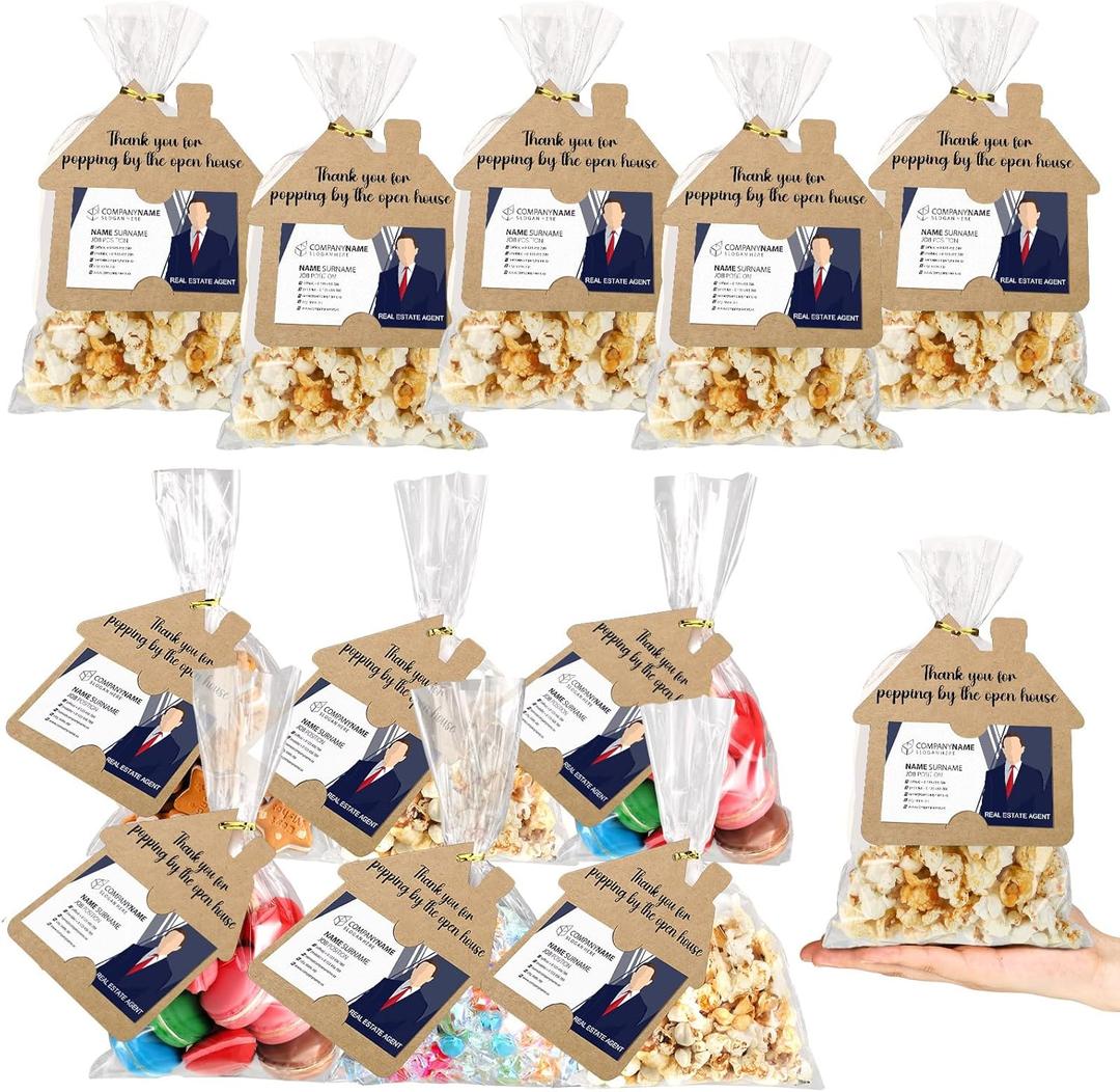 Hoolerry 100 Set Open House Gift Real Estate Agent Supplies Popcorn Bag with Tag Open House Supplies Thanks Tag Business Card Thank You for Popping by Candy Bag for Estate Agent Favors (Brown)