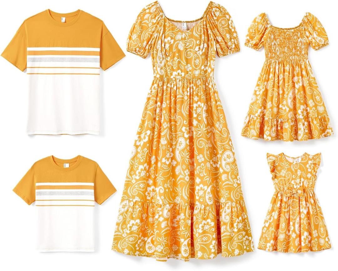 PATPAT Family Matching Summer Outfits, Mommy and Me Matching Shirts Dresses Paisley Print Matching Dresses for Family (9-10 Years, Yellow Paisley Floral)