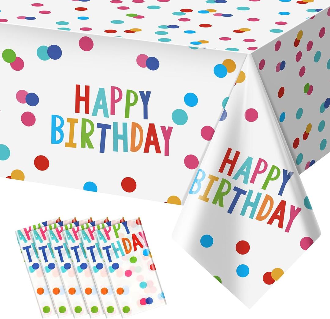 mwellewm 6 Packs Birthday Tablecloth Plastic Happy Birthday Table Cloth Decorations Disposable Colorful Polka Dots Party Decor Rectangle Waterproof Table Cover for Girls Boys Baby Shower 54x108 Inch