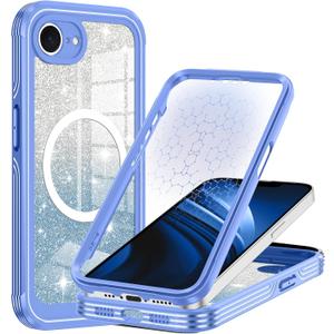 Hekodonk for iPhone 16e Case 2025, Compatible with Magsafe [Built-in Tempered Glass Screen Protector & Camera Lens Protection] Full Body Shockproof Protective Women Girl Bling Case,Blue Glitter