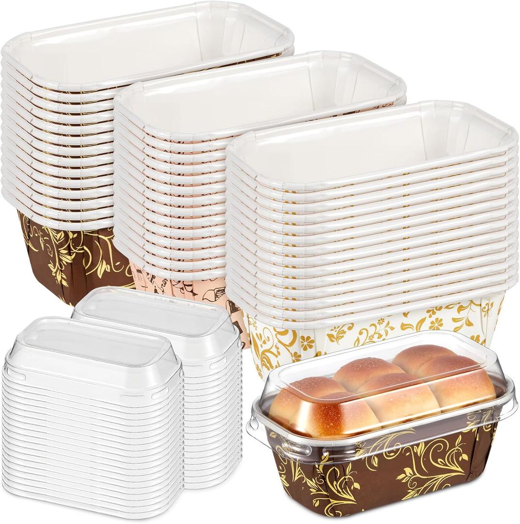 Baderke 60 Pcs 3.1 x 1.5 x 1.5 Inches Mini Paper Loaf Pan Disposable Baking Pan with Lids Paper Kraft Pans Supply for Valentines Day Cake Bread Oven Loaf Bakery Holiday Gifts