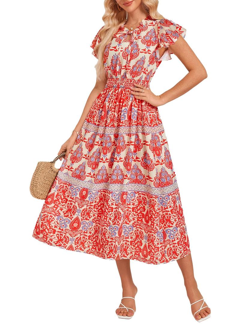 Women's Summer Boho Flowy Swing Tiered Long Maxi Vacation Dresses with Pocket Red Bohemia L