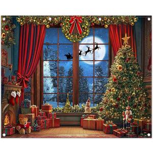ZTHMOE Fabric 10x8ft Christmas Window Photography Backdrop Winter Merry Xmas Tree Background Night Snow Party Decoration Holiday Photo Banner Props (Blue)