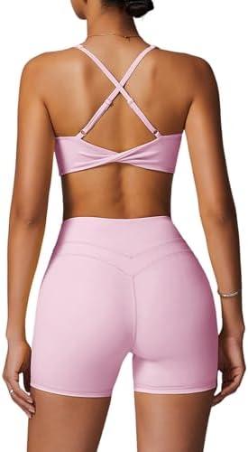 QBGJTD Womens Workout Sets Cross Back Sports Bras Matching High Waist Biker Shorts Yoga Jogger Outfits Work Out Clothes, (Small, Pink)