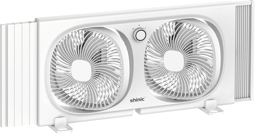 shinic 9" Twin Window Fan with 180+90 Rotatable Fans, 2-Speeds, Vertical Window Fan with Rigid & Accordion Expanders, Width Adjustable (21.65" to 33.27"), Ideal for Home, Kitchen, Bedroom, Office