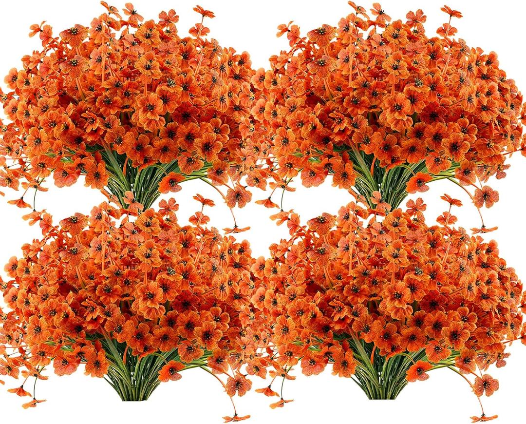 Artificial Mums Fall Fake Flowers for Outdoors, 12 Bundles Faux Mums for Outdoor Planters Autumn Decorations, UV Resistant Silk Flowers for Front Porch Garden Patio Home Decor(Fall-Orange)